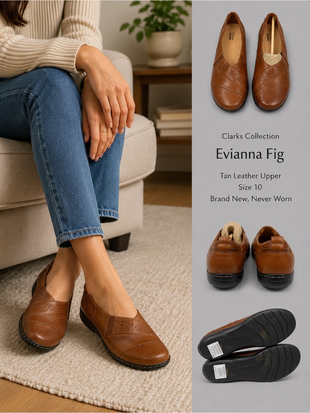Clarks Collection Evianna Fig Tan Leather Slip On Shoes Women’s Size 10 New